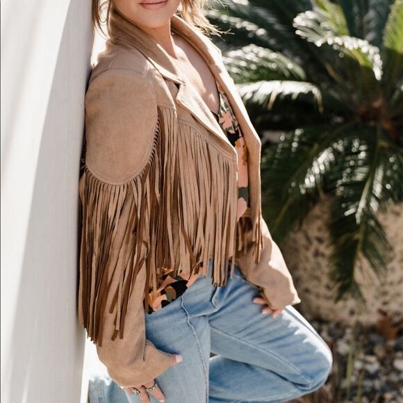 Fringe taupe tan jacket western Yellowstone boho style S M L Montana country - Picture 2 of 6
